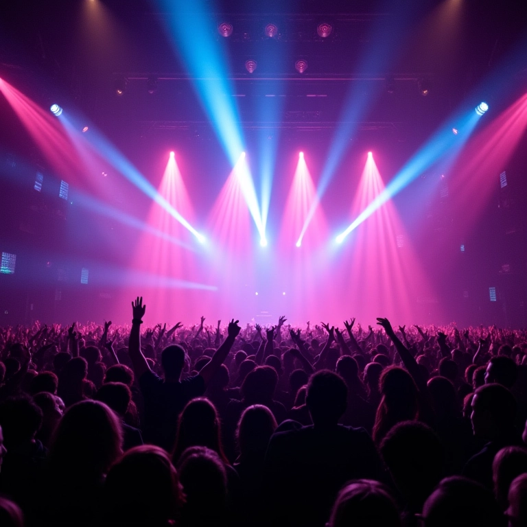 Show de reggaeton com público vibrante e luzes laser.