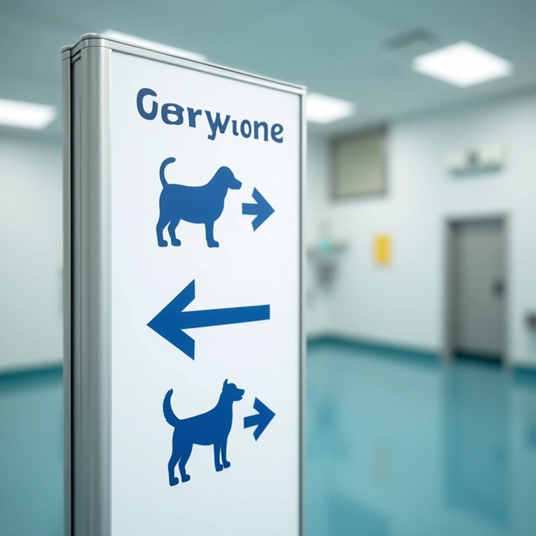 Sinalização clara em clínica veterinária com ícones de animais.
