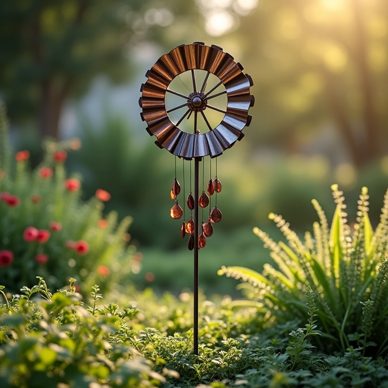 Sinos de vento de metal no jardim, design limpo, plantas organizadas, clareza e harmonia.