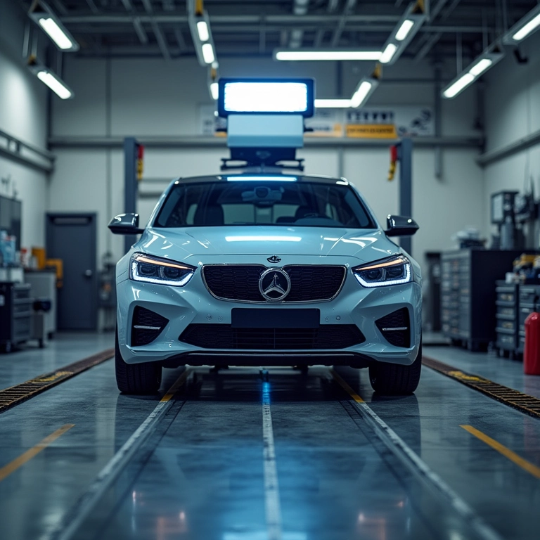 Sistema de alinhamento 3D em oficina moderna.