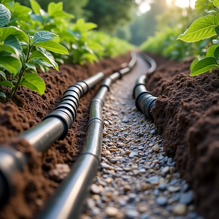 Sistema de drenagem do solo em um jardim para evitar erosão.