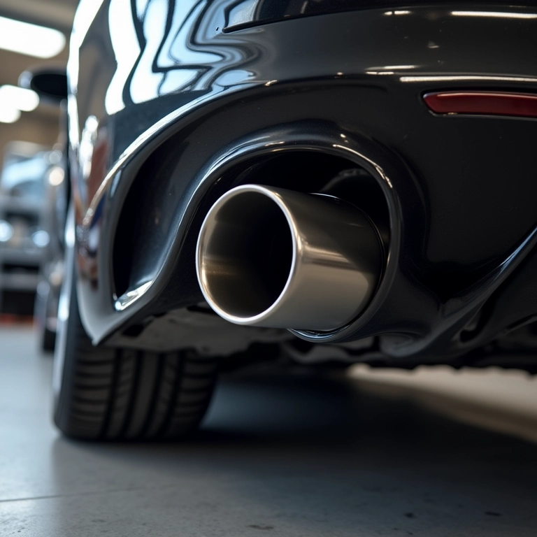 Sistema de escape esportivo de aço inox instalado em um carro, mostrando o design e o material.