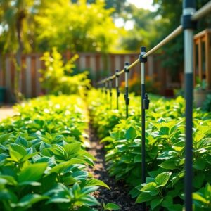 Sistema De Gotejamento Caseiro Para Suas Plantas Sistema de gotejamento caseiro em um jardim vibrante, mostrando economia de água.