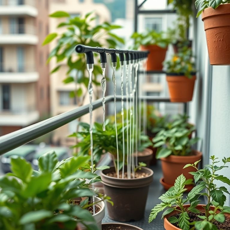 Sistema de gotejamento ideal para pequenos espaços e vasos em varandas.
