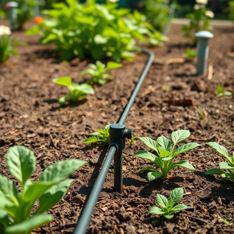Sistema de gotejamento reduzindo o crescimento de ervas daninhas no jardim.