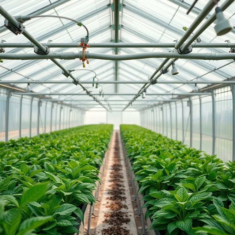 Sistema de irrigação eficiente dentro de uma estufa, economizando água.