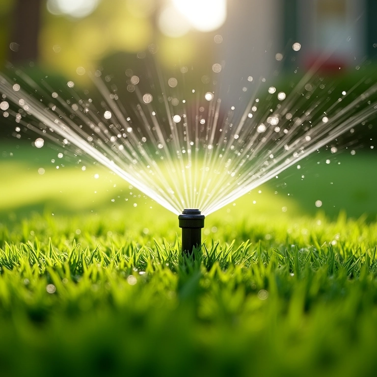 Sistema de irrigação mantendo o gramado verde e hidratado.