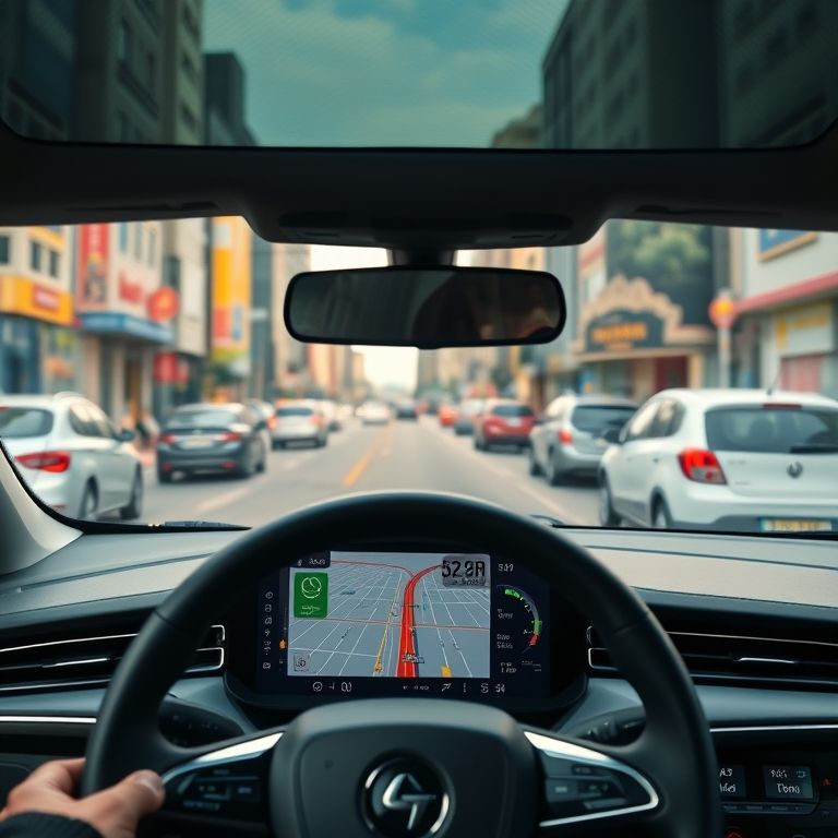 Sistema de navegação GPS em um carro autônomo mostrando rota precisa.