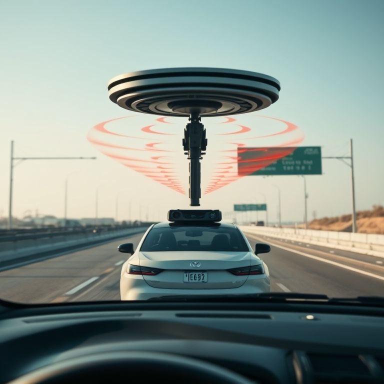 Sistema de radar de carro autônomo detectando objetos à distância na rodovia.