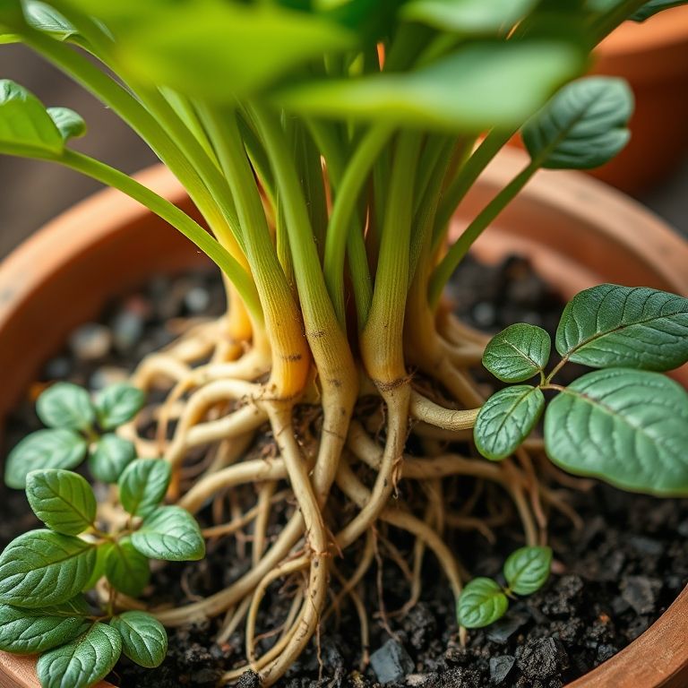 Sistema radicular saudável de Zamioculca em substrato bem drenado.