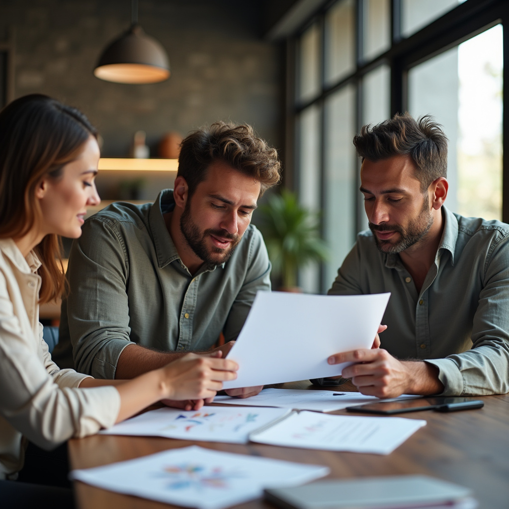 Small business owner reviewing website proposal with agency team. Collaborative, modern office, Pequena empresa escolhendo agência de site.
