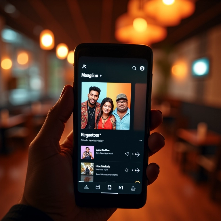 Smartphone mostrando playlist de reggaeton em serviço de streaming.
