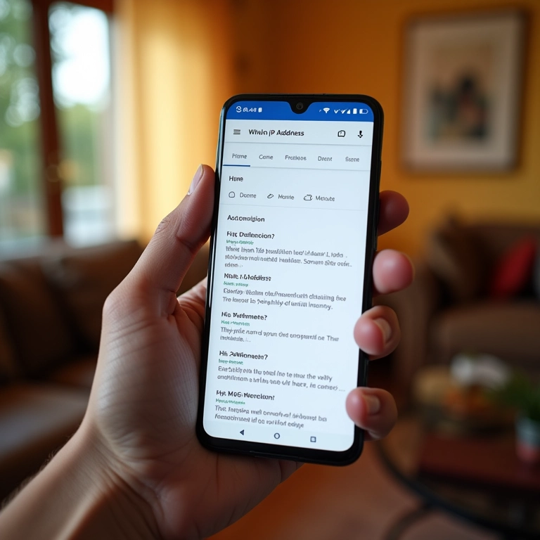 Smartphone mostrando resultados de busca do Google por 'Qual é meu IP'.