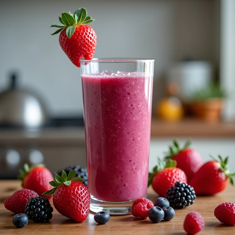 Smoothie refrescante de frutas vermelhas com mixer ao lado.