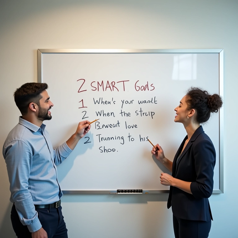 Sócios definindo metas SMART em um quadro branco, sorrindo.