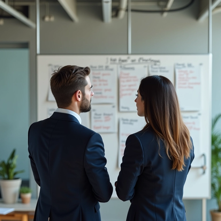 Sócios discutindo metas realistas em um escritório moderno.