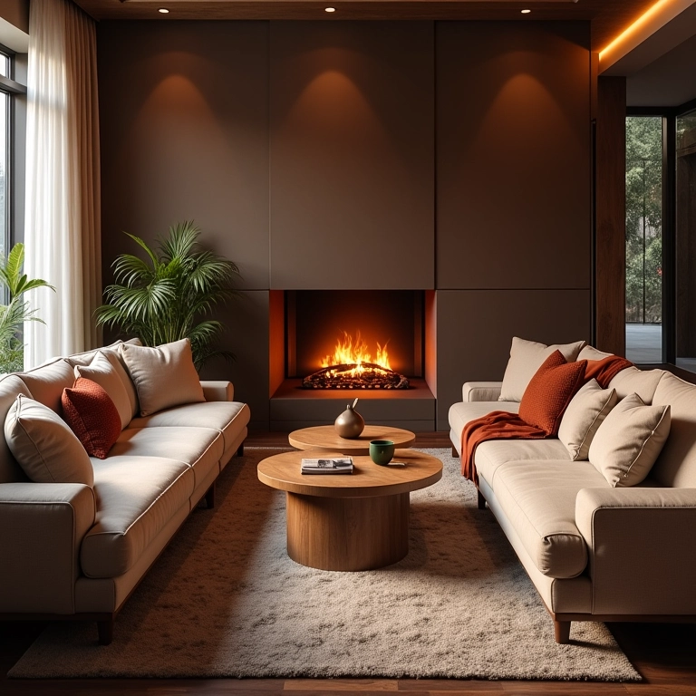 Sofás e poltronas confortáveis dispostos ao redor da lareira.