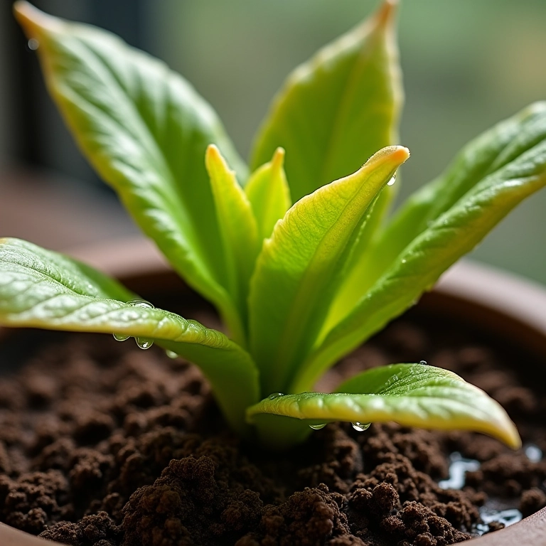 Solo encharcado e folhas amareladas indicam excesso de água.