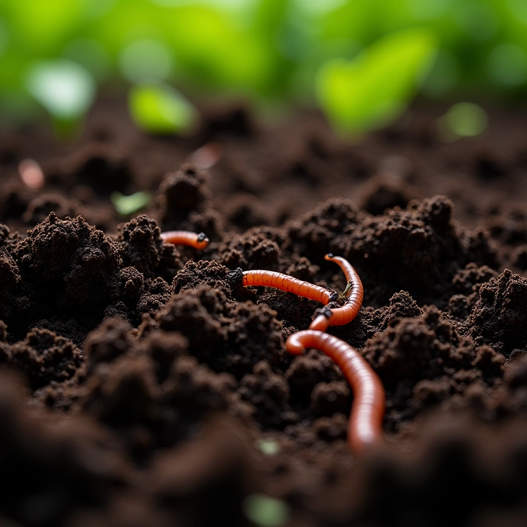 Solo rico e equilibrado com minhocas e matéria orgânica.