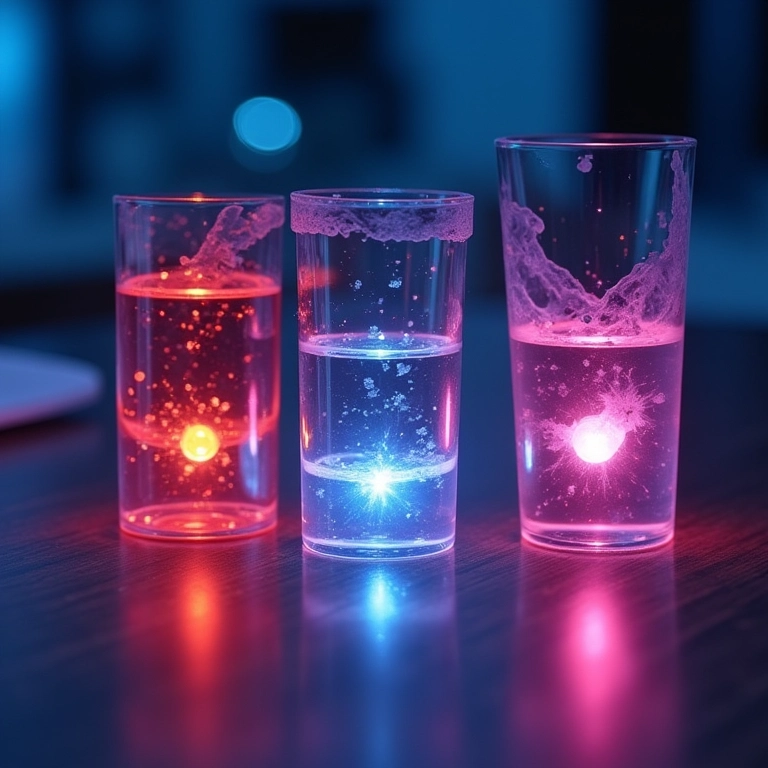 Solução coloidal exibindo diferentes intensidades do Efeito Tyndall em diferentes temperaturas.