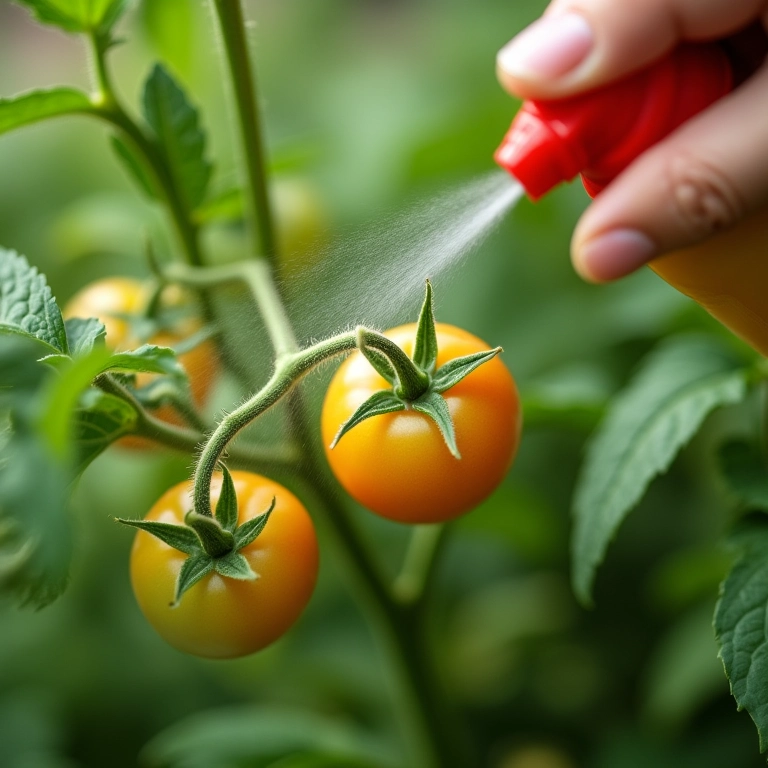 Solução orgânica de controle de pragas sendo pulverizada em folhas de tomate.