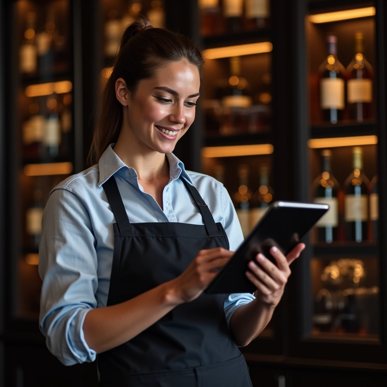 Sommelier acessando opções de crédito em um tablet, representando os benefícios do MEI.