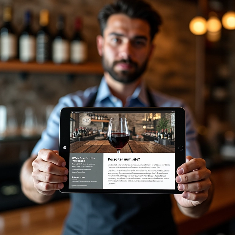 Sommelier apresentando serviços em site pessoal, exibido em tablet.