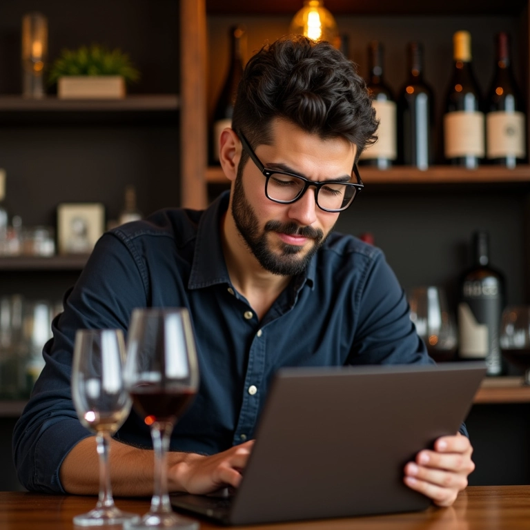 Sommelier criando logo no laptop em escritório com design brasileiro.