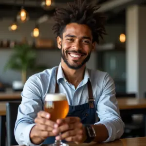 Sommelier de cerveja confiante degustando em espaço de coworking.