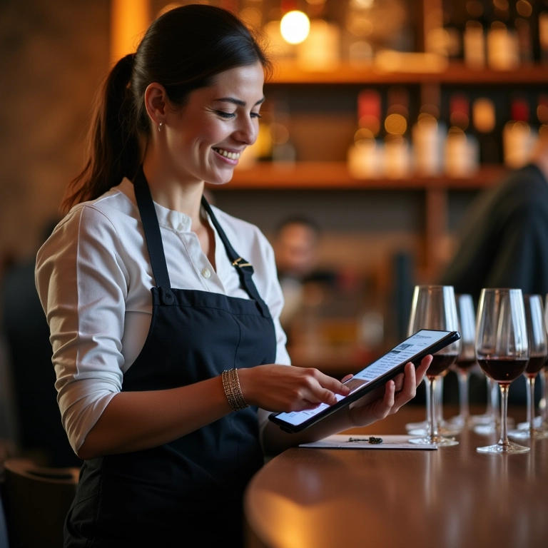 Sommelier emitindo nota fiscal em tablet durante degustação de vinhos.