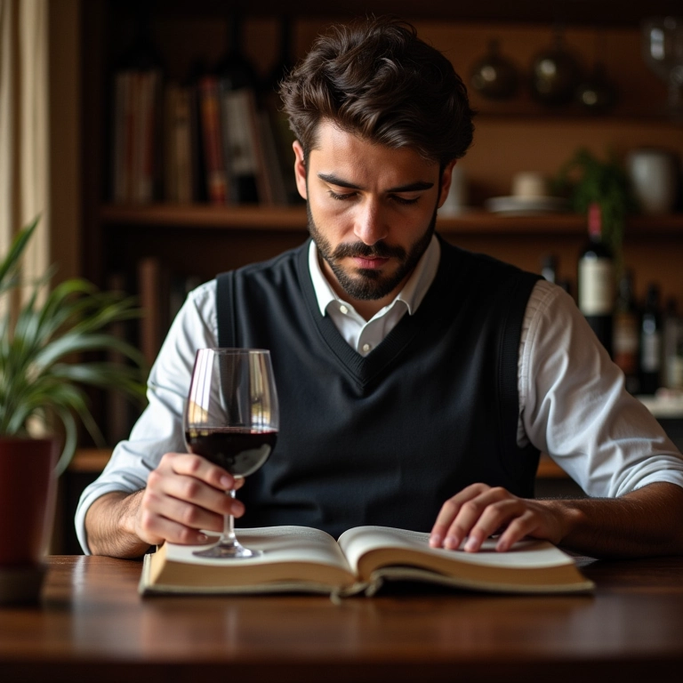 Sommelier estudando livros de vinho com uma taça na mão, em casa aconchegante.
