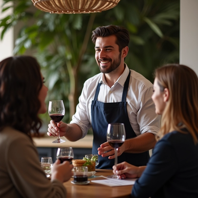 Sommelier liderando degustação de vinhos em casa, clientes felizes.