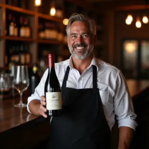 Sommelier de Vinhos Consultor Pode Ser MEI Sommelier sorrindo em bar de vinhos aconchegante, representando a possibilidade de ser MEI.
