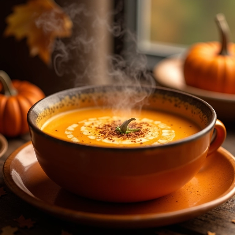Sopa creme de abóbora com gengibre fumegante em cenário outonal.