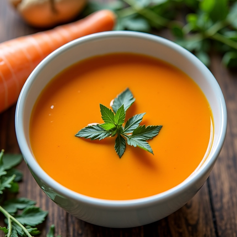 Sopa creme de cenoura com gengibre e coco em uma tigela branca.