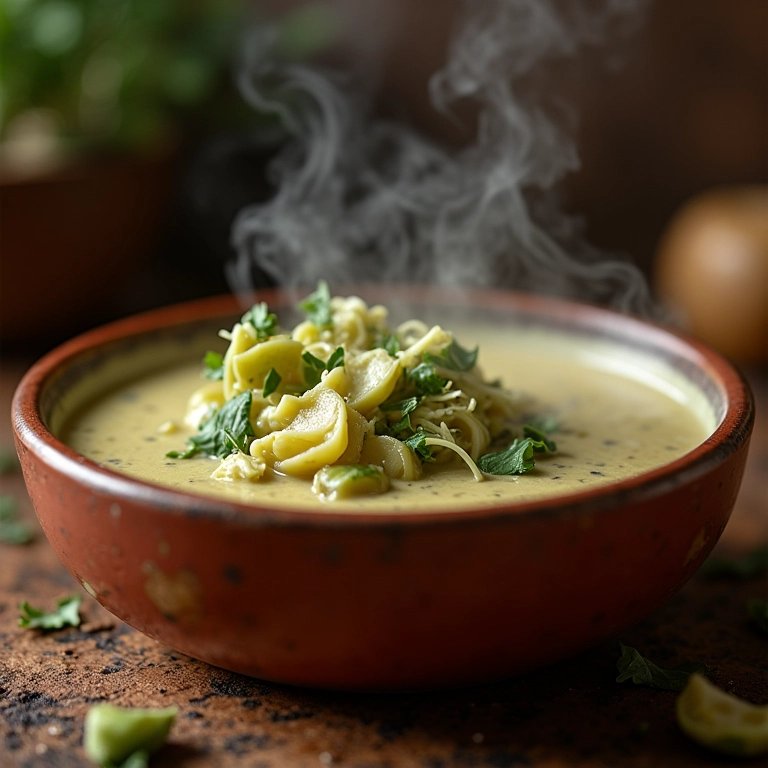 Sopa cremosa de couve de Bruxelas com queijo gorgonzola em tigela rústica.