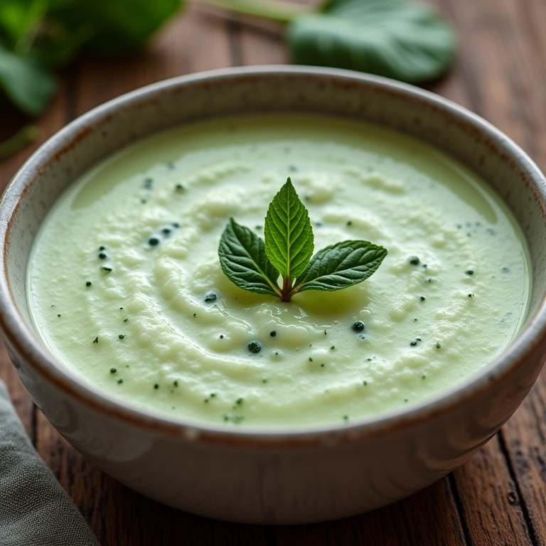 Sopa cremosa de ricota e espinafre em tigela com ervas.
