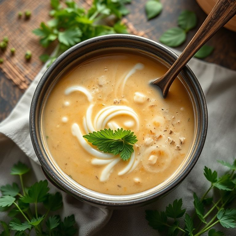 Sopa cremosa de taioba em uma tigela, com fundo colorido.
