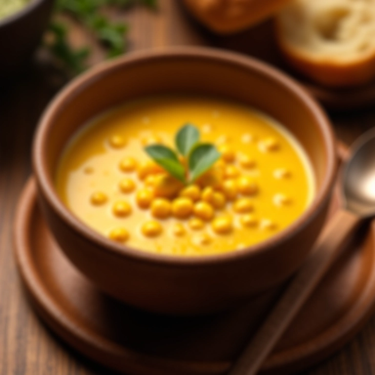 Sopa de milho cremosa em um bowl com pão ao lado.