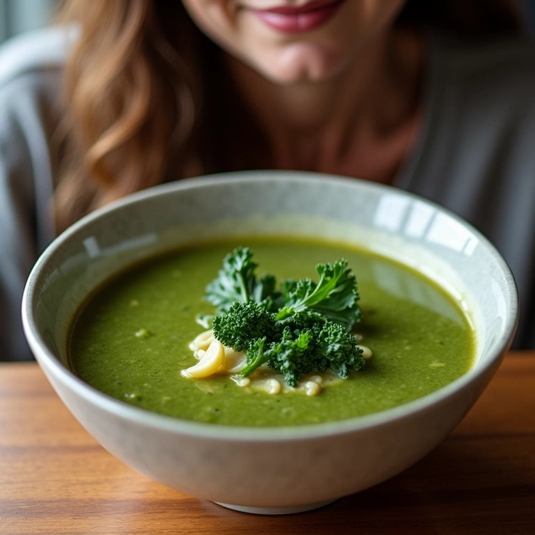 Sopa detox de couve com gengibre, ideal para limpar o organismo.