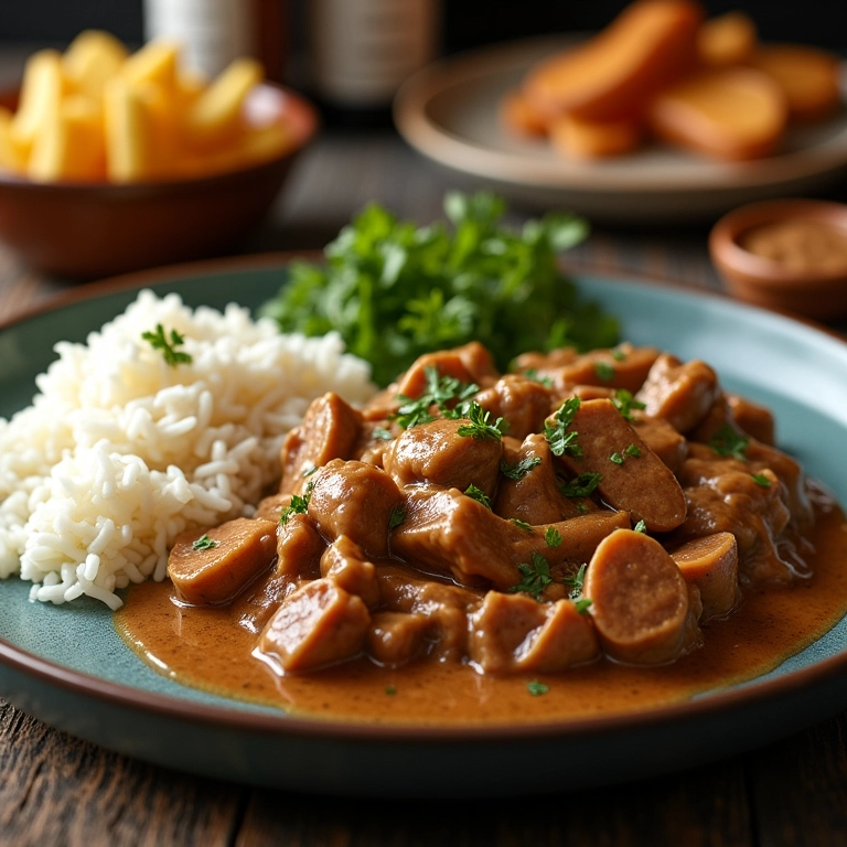 Strogonoff de frango com arroz, batata palha e salada.