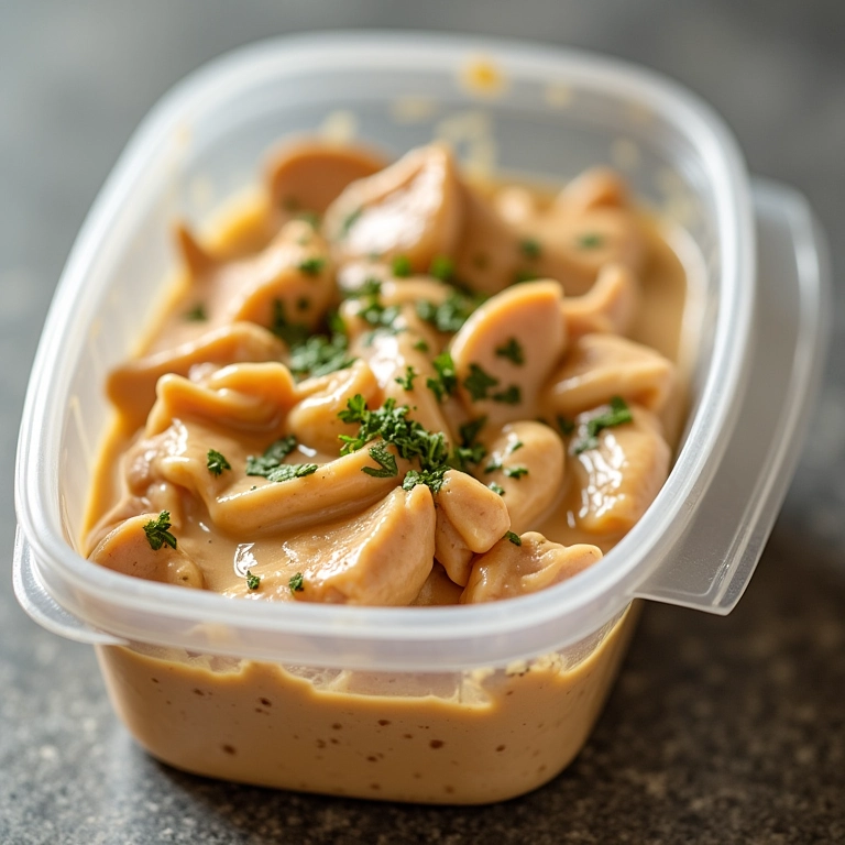 Strogonoff de frango congelado em um pote.