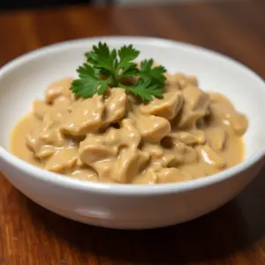Strogonoff de Frango Cremoso e Delicioso Receita Perfeita Strogonoff de frango cremoso e delicioso em uma tigela branca.