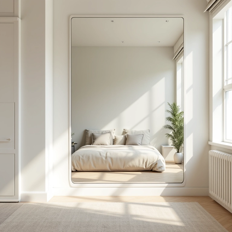 Studio com paredes claras e espelho ampliando o espaço.