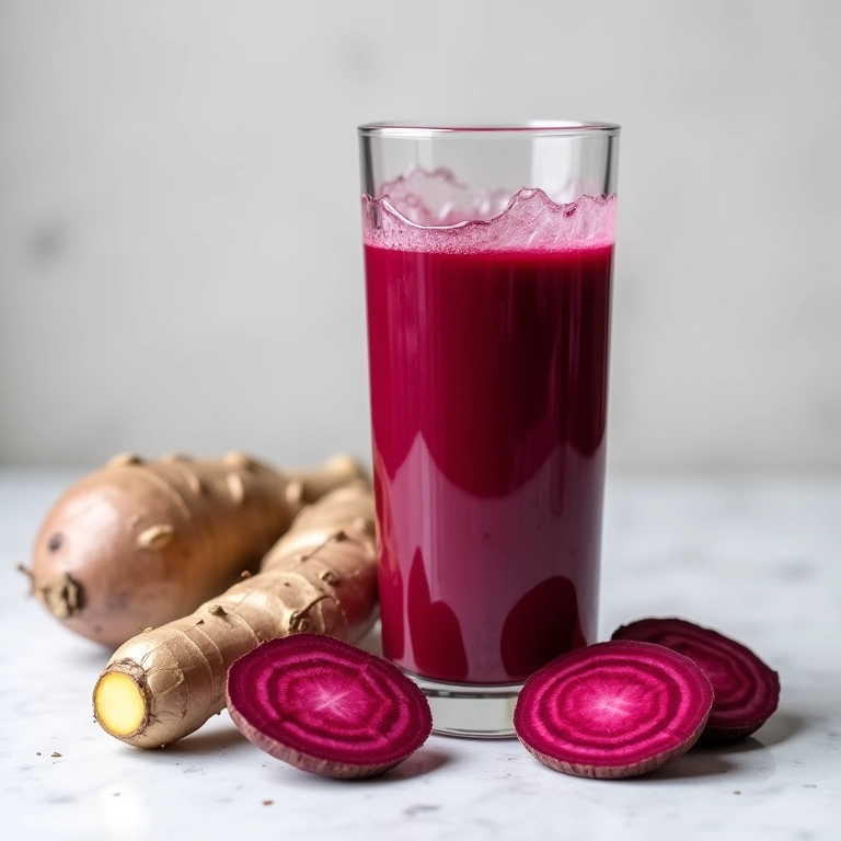 Suco de gengibre com beterraba, ideal para aumentar a resistência física.
