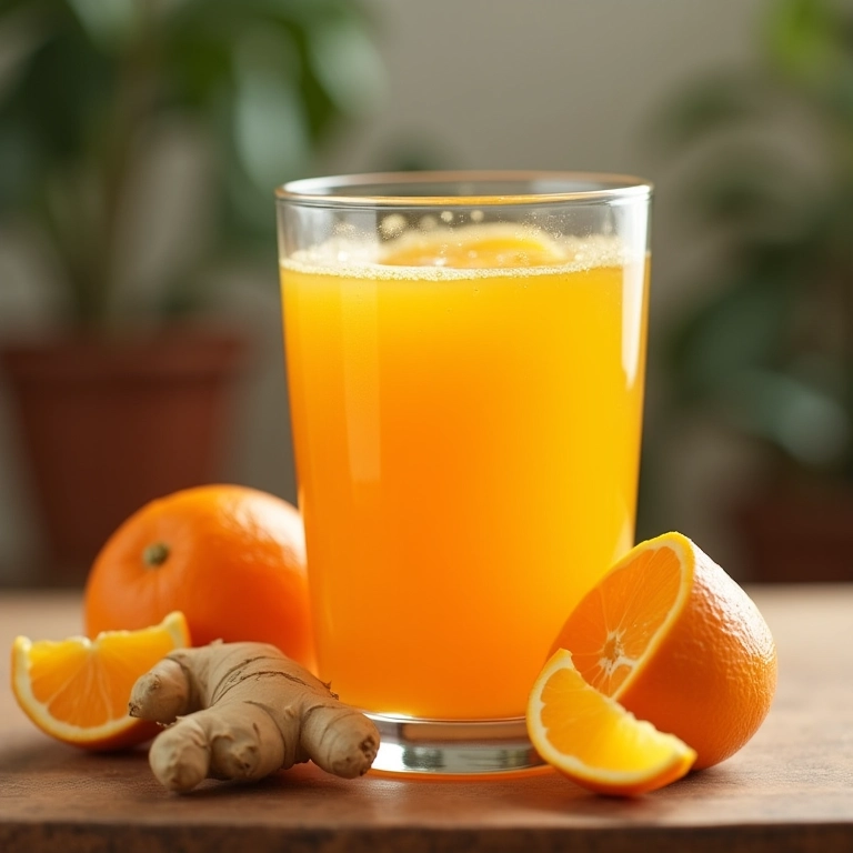 Suco de gengibre com laranja servido em mesa de madeira rústica.