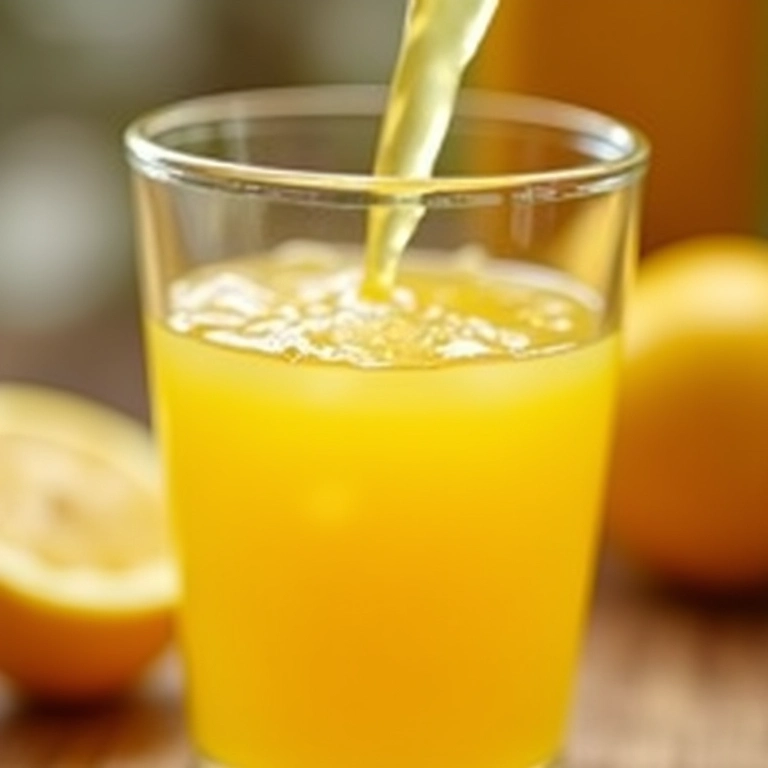 Suco de gengibre com limão sendo servido, cor vibrante e refrescante.