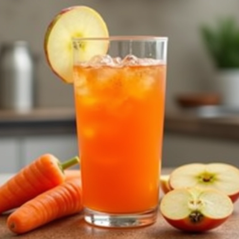 Suco de gengibre com maçã e cenoura servido em cozinha moderna brasileira.