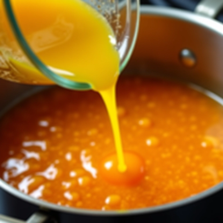 Suco de limão sendo espremido em uma panela de geleia de pêssego.