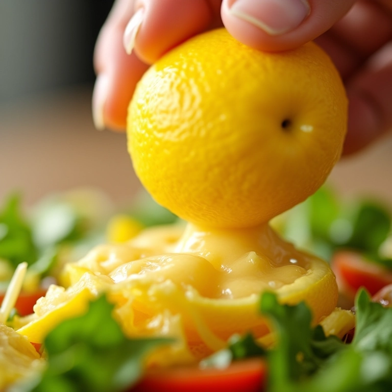 Suco de limão siciliano sendo espremido sobre uma salada.